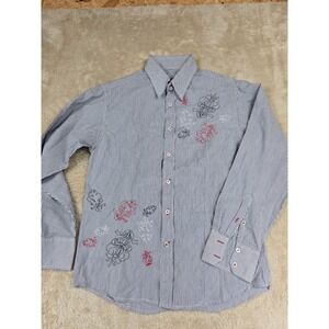 Y Chrome Mens Blue White Stripe Button Down Shirt Floral Embroidery Size S